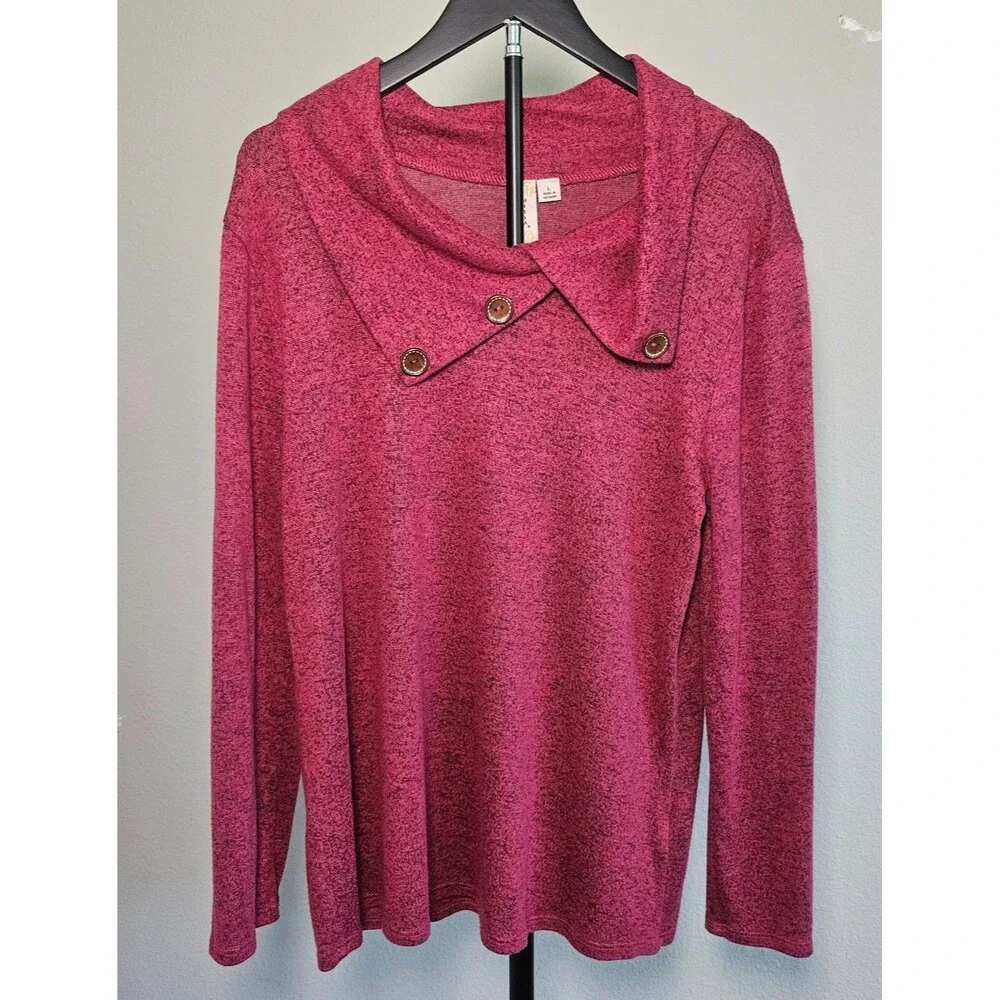 Misia Womens Large Pink Cowl Neck Sweater Tunic Button Accent Soft Stretch Top‎
